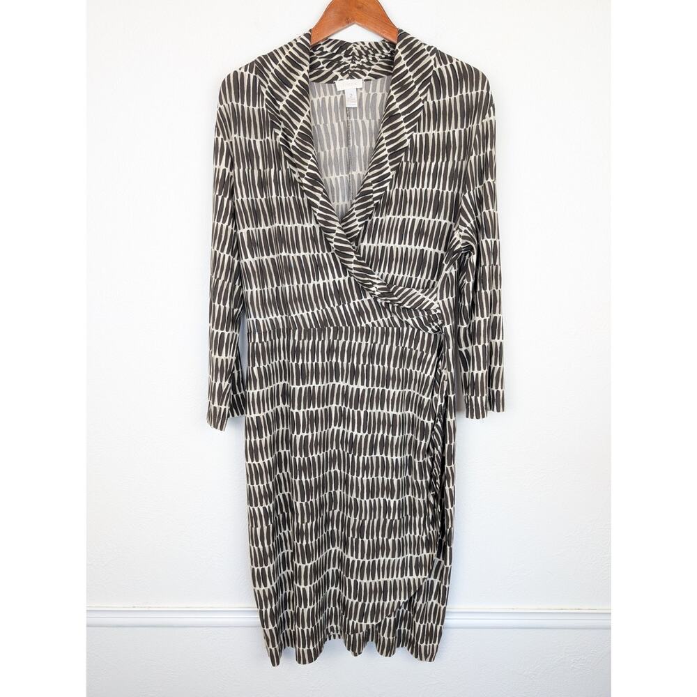 Chico's Dress Faux Wrap Printed Stretch Jersey Quirky Career Brown Cream Size L
